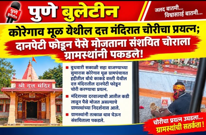 कोरेगाव मूळ येथील दत्त मंदिरात चोरीचा प्रयत्न; दानपेटी फोडून पैसे मोजताना संशयित चोराला ग्रामस्थांनी पकडले!
